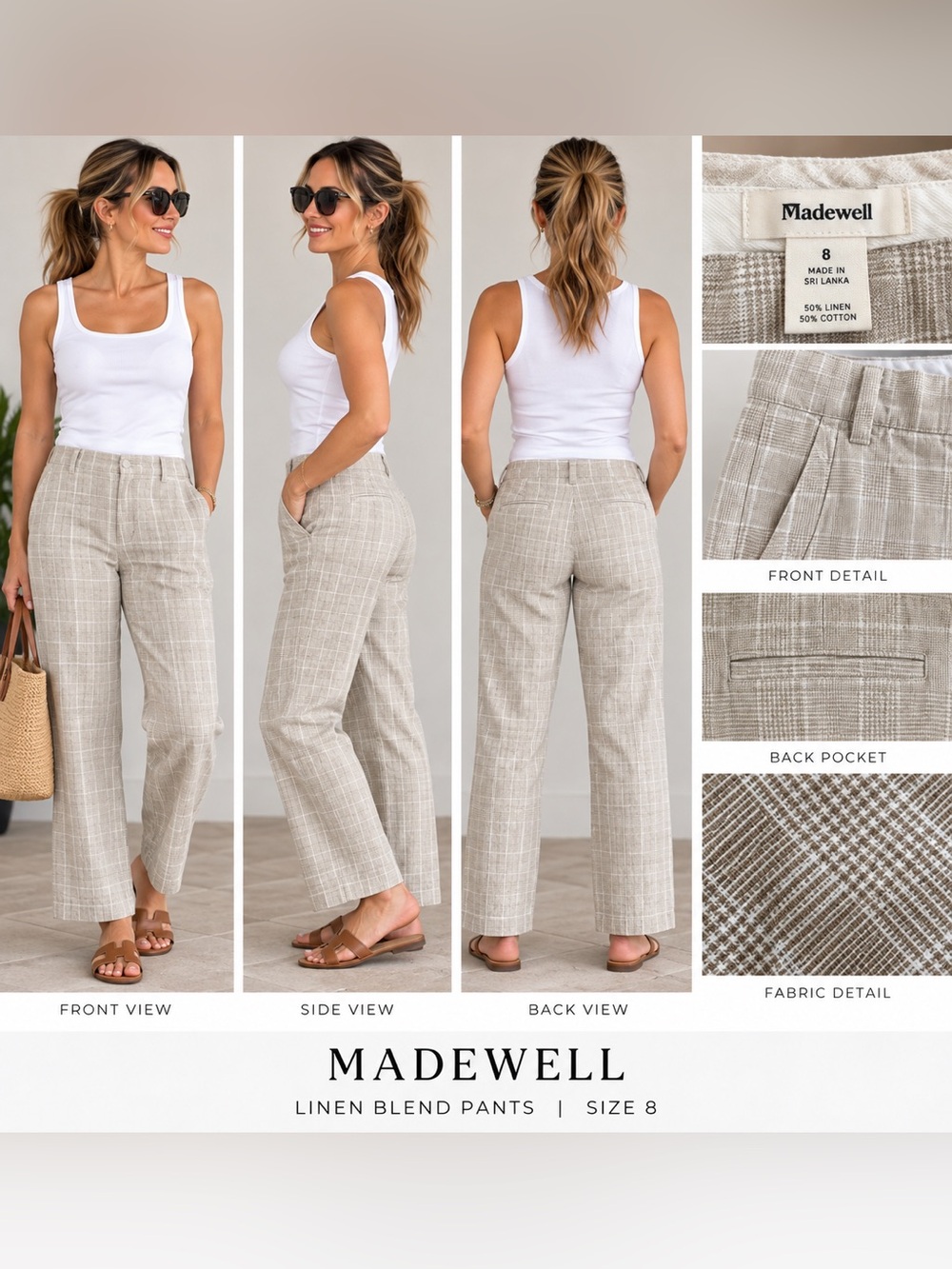 Madewell Women's Linen Blend Plaid Pants — Light Taupe 8